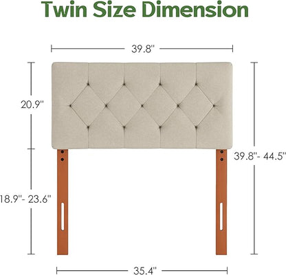 Upholstered Twin Headboard, Twin Headboard Only for Bed Frame from 27”-41”, Adjustable Height Twin XL Headboard with Durable Solid Wood Legs, Fabric Bed Headboard in Modern Button Design, Beige