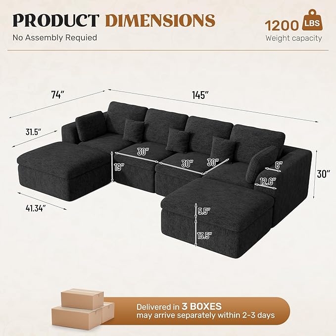 144" Cloud Sectional Couches for Living Room, Convertible U-Shape Couch with Ottoman, 6 Seater Modular Sectional Sofa,Black Chenille