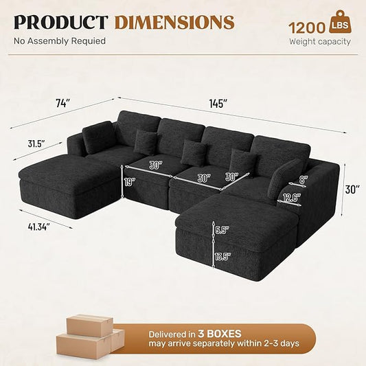 144" Cloud Sectional Couches for Living Room, Convertible U-Shape Couch with Ottoman, 6 Seater Modular Sectional Sofa,Black Chenille