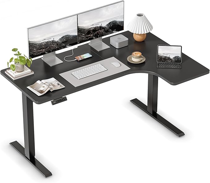 FEZIBO 55×32 inch L Shaped Electric Corner Standing Desk, 4 Memory Height Settings,Home Office & Computer Height Adjustable Table, Ergonomic Sit and Stand Up Workstation with Splice Board,Black Top