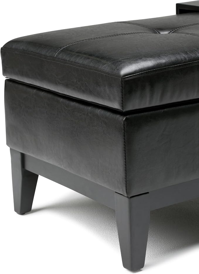 SIMPLIHOME Oregon 42 inch Wide Contemporary Rectangle Storage Ottoman Bench with Tray in Midnight Black Vegan Faux Leather, Assembled, For the Living Room, Entryway and Family Room