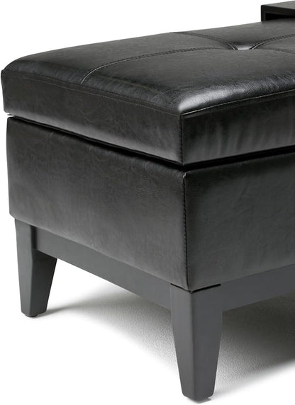 SIMPLIHOME Oregon 42 inch Wide Contemporary Rectangle Storage Ottoman Bench with Tray in Midnight Black Vegan Faux Leather, Assembled, For the Living Room, Entryway and Family Room
