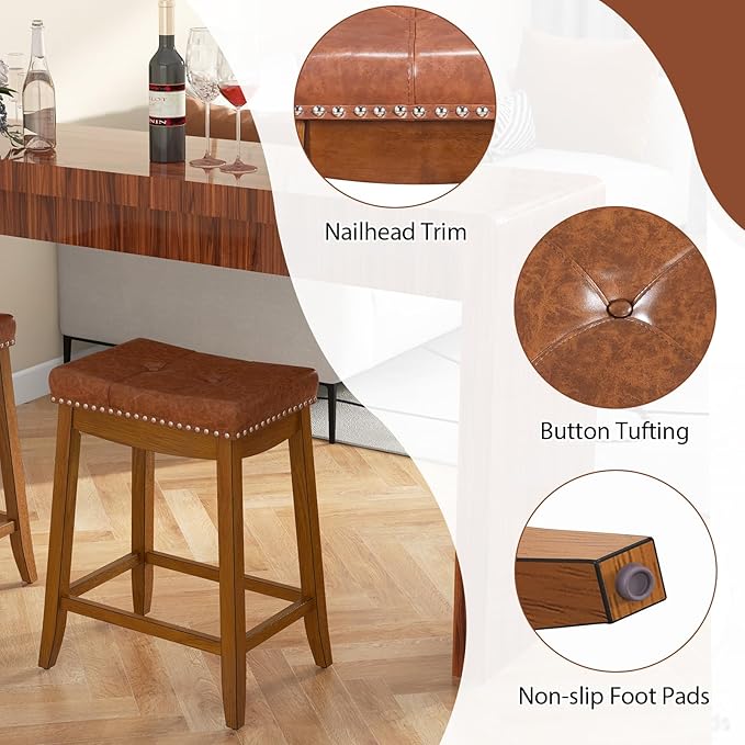 COSTWAY Saddle Bar Stools Set of 2, 25-Inch Counter Height Barstools w/PU Leather Seat, Solid Rubber Wood Frame, Footrest, Mid-Century Backless Counter Stools for Kitchen Island Home Bar