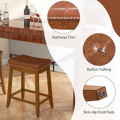 COSTWAY Saddle Bar Stools Set of 2, 25-Inch Counter Height Barstools w/PU Leather Seat, Solid Rubber Wood Frame, Footrest, Mid-Century Backless Counter Stools for Kitchen Island Home Bar
