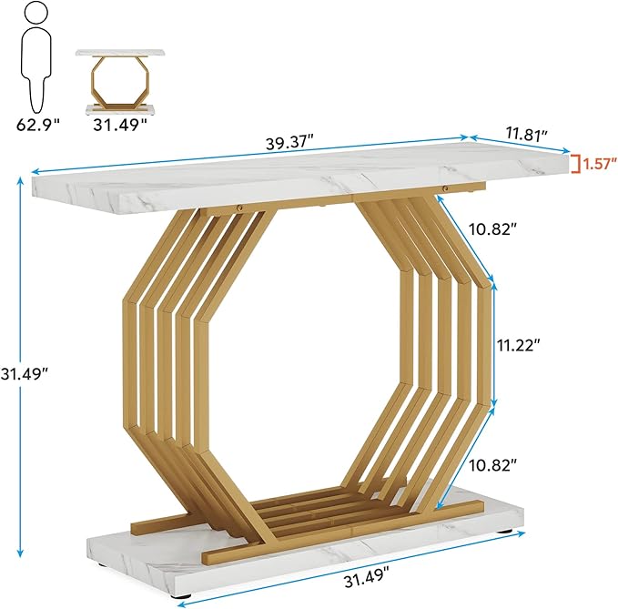 Tribesigns Gold Console Table, Faux Marble Entryway Table Narrow Sofa with Geometric Metal Base, 40 Inch Modern Accent Entrance for Living Room, Hallway, Foyer, White and Gold