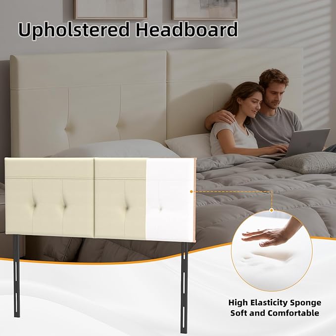 Queen Headboard Only with Adjustable Metal Legs, Faux Leather Upholstered Headboard Queen Size, Modern Stylish Headboard with Sunken Dot Design, Sturdy Bed Headboard for Bedroom, Beige