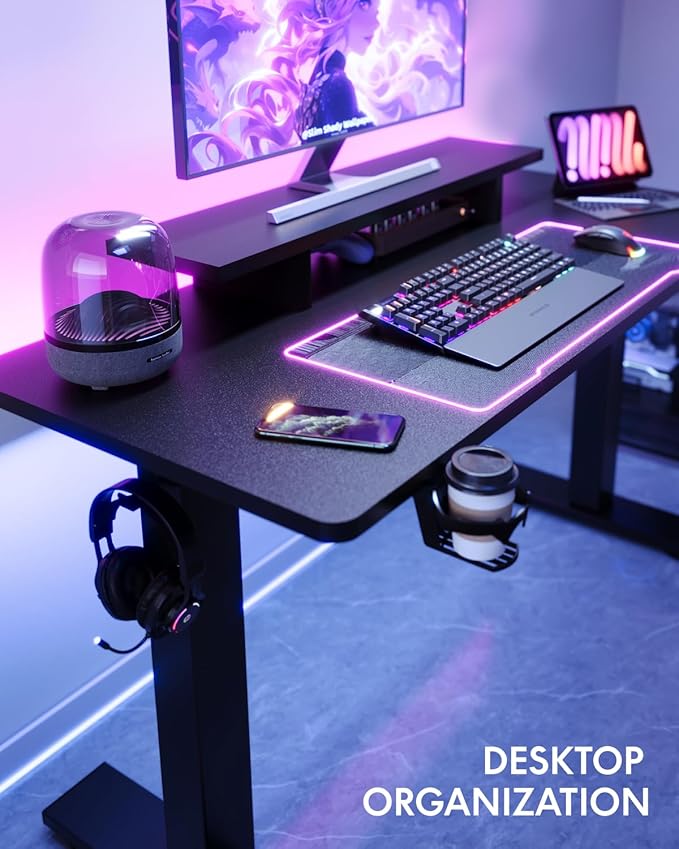 FLEXISPOT Standing Desk with Monitor Stand, 55 x 24 Inches One-Piece Electric Height Adjustable Computer Desk with Cup Holder, Home Office Desks (Black Frame+ Black Top)