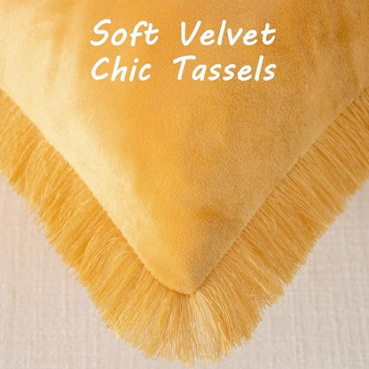 FUTEI Orange Velvet Decorative Throw Pillow Covers 18x18 Set of 2,Soft Cozy Edge with Tassels Cushion Case,Boho Modern Home Decor for Couch Bed Living Room