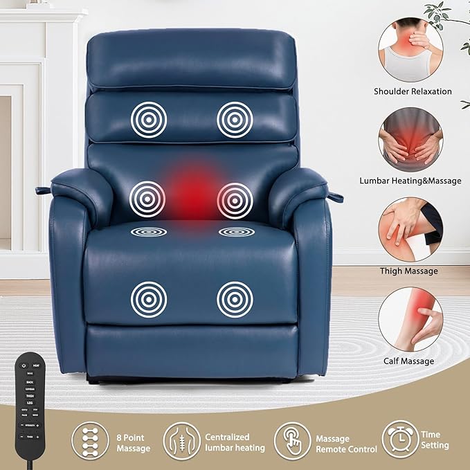 EONIX Dual Motor Lay Flat Power Lift Recliner Chair for Elderly, Electric Faux Leather Lift Chairs for Adults, 400lbs Heavy Duty Power Recliner Lift Sofa with Heat and Massage, Navy Blue
