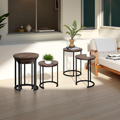 Lavish Home 6-Piece Nesting Tables – Set of 6 Round Side Tables with Woodgrain-Look Tops and Black Metal Frames – Modern Accent & End Table Set for Living Room, Bedroom, or Home Office (Gray/Brown)