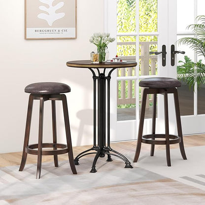 COSTWAY 29-Inch Swivel Bar Stools Set of 4, Upholstered Barstools w/PU Leather Seat & Solid Rubber Wood Legs, Mid-Century Backless Round Bar Height Stools w/Footrest for Kitchen Home Bar