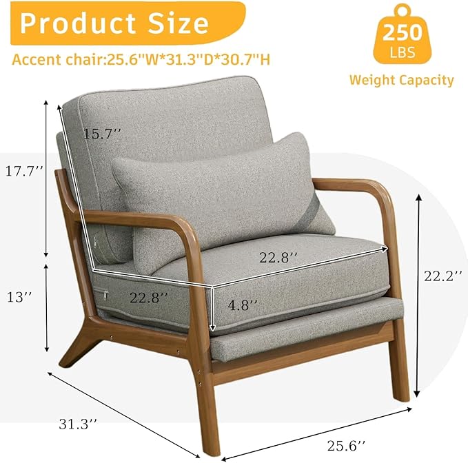 Mid-Century Accent Chair,Linen Fabric Lounge Chair with Wide Armrest,Linen Fabric Armchair withLumbar Pillow & Solid Wood Frame for Living Room, Bedroom, Balcony(Light Gray)