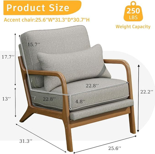 Mid-Century Accent Chair Set of 2,Linen Fabric Lounge Chair with Wide Armrest,Linen Fabric Armchair withLumbar Pillow & Solid Wood Frame for Living Room, Bedroom, Balcony(Light Gray)