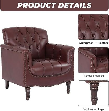 Lumibee Faux Leather Armchair, Contemporary Accent Chair with Nailhead Trims & Wood Legs for Living Room, Upholstered Comfy Arm Chair for Office,Bedroom-Dark Red