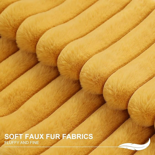 Pallene Faux Fur Plush Lumbar Throw Pillow Covers 12x20 Set of 2, Luxury Soft Fluffy Striped Decorative Pillow Covers for Sofa, Couch, Living Room, Mustard Yellow