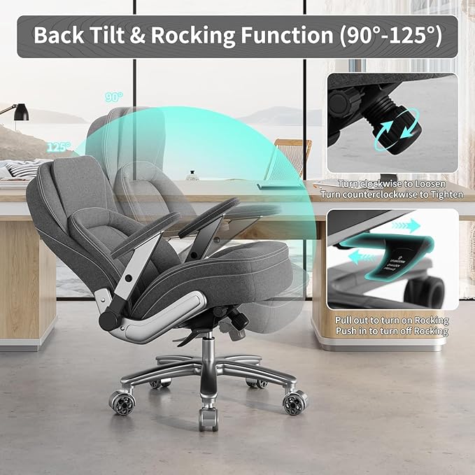 Big and Tall Office Chair, 600lbs Heavy Duty Desk Chair with 5D Arms, Adjustable Lumbar Support & Height, Tilt Function, Fabric High Back Ergonomic Executive Computer Chair with 3'' Casters