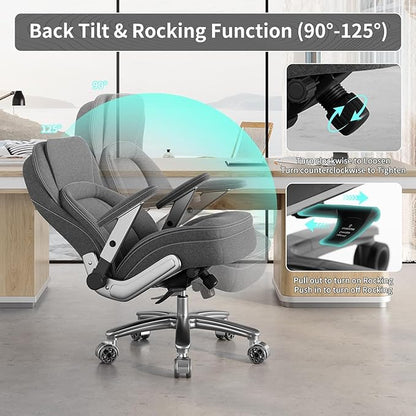 Big and Tall Office Chair, 600lbs Heavy Duty Desk Chair with 5D Arms, Adjustable Lumbar Support & Height, Tilt Function, Fabric High Back Ergonomic Executive Computer Chair with 3'' Casters