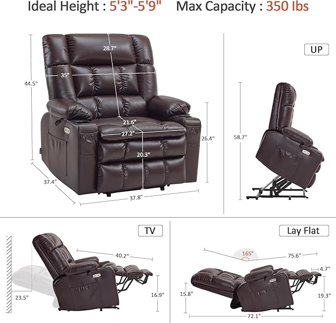 MCombo Dual Motor Power Lift Recliner Chair for Elderly, Lay Flat Lift Chair with Heat and Massage, Extra Wide Lift Recliner for Big People, Cup Holders, Faux Leather R7897 (Dark Brown, Medium-Wide)
