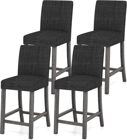 COSTWAY Counter Height Bar Stools Set of 4, 24.5’’ Upholstered Mid Century Modern Island Chairs with Rubber Wood Legs, Wooden Barstools for Kitchen, Dining Room, Bar, Restaurant (Grey)