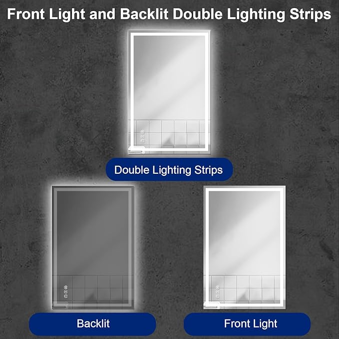 Awoco 48''x32'' LED Bathroom Mirror with Light, Lighted Vanity Mirror with Backlit and Front Light, Dimmable Anti-Fog Memory Function Lighted Mirror with 3 Colors for Bathroom Wall
