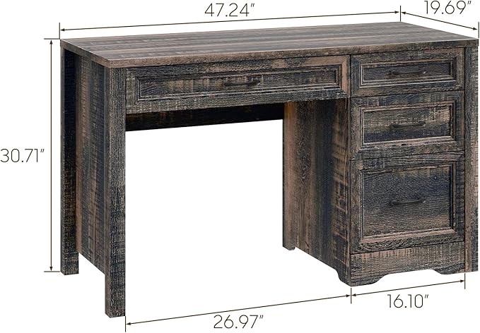 Vabches Farmhouse Executive Desk with Storage and Ample File Drawer, Rustic Large Home Writing Desk for Bedroom, Dark Oak