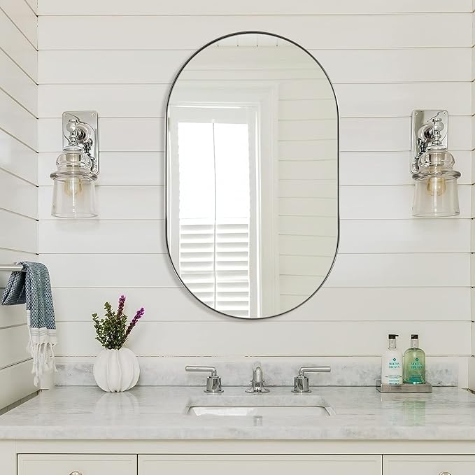 ANDY STAR Brushed Nickel Oval Bathroom Mirror, 20x33 inch Pill-Shaped Mirror for Wall HD Reflection Metal Frame Mirror for Bathroom Hang Vertical or Horizontal