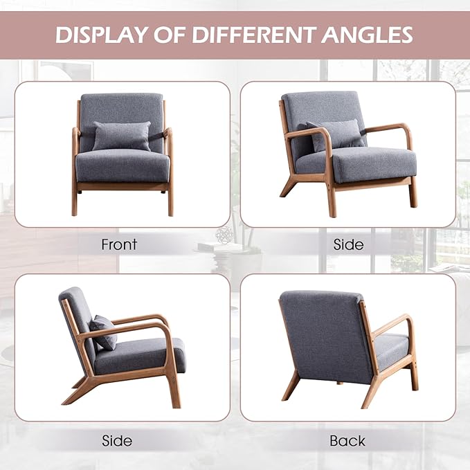 Accent Chair Mid Century Modern Chair Linen Fabric Living Room Chairs with Solid Wood Frame Comfy Upholstered and Lumbar Pillow Reading Side Chairs Easy Assembly for Bedroom (2, Grey)