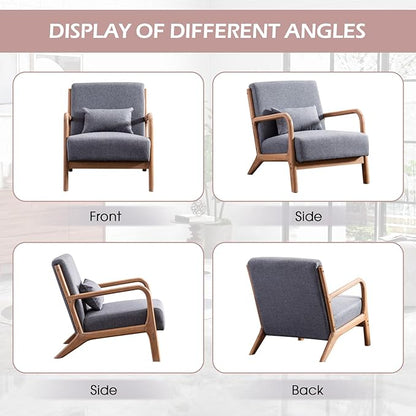 Accent Chair Mid Century Modern Chair Linen Fabric Living Room Chairs with Solid Wood Frame Comfy Upholstered and Lumbar Pillow Reading Side Chairs Easy Assembly for Bedroom (2, Grey)