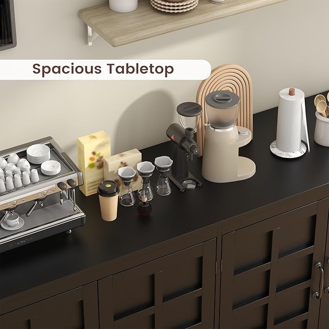 70" Sideboard Buffet Cabinet with Storage, Coffee Bar Cabinet with and 4 Doors, Long Wider Storage Cabinet Modern Farmhouse, Black Wood, for Kitchen, Dining Room, Living Room