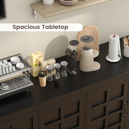 70" Sideboard Buffet Cabinet with Storage, Coffee Bar Cabinet with and 4 Doors, Long Wider Storage Cabinet Modern Farmhouse, Black Wood, for Kitchen, Dining Room, Living Room