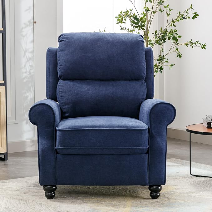 Push Back Recliner Chair, Fabric Armchair Overstuffed Pushback Recliner, Heavy Duty Single Sofa Chair with Padded Seat Solid Wood Legs for Living Room (Blue)