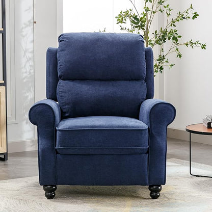 Push Back Recliner Chair, Fabric Armchair Overstuffed Pushback Recliner, Heavy Duty Single Sofa Chair with Padded Seat Solid Wood Legs for Living Room (Blue)