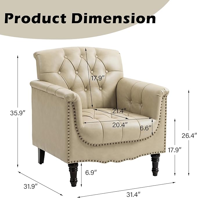 Faux Leather Accent Chairs Set of 4, Upholstered Armchairs with Nailhead Trims & Wood Legs for Living Room, Bedroom, Contemporary Comfy Club Chairs for Office-Beige