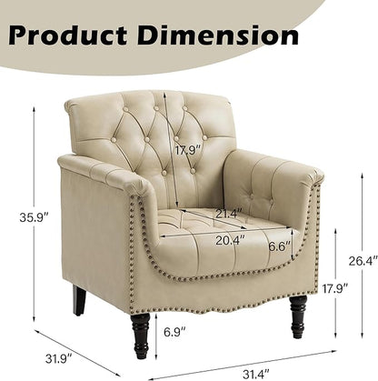 Faux Leather Accent Chairs Set of 4, Upholstered Armchairs with Nailhead Trims & Wood Legs for Living Room, Bedroom, Contemporary Comfy Club Chairs for Office-Beige