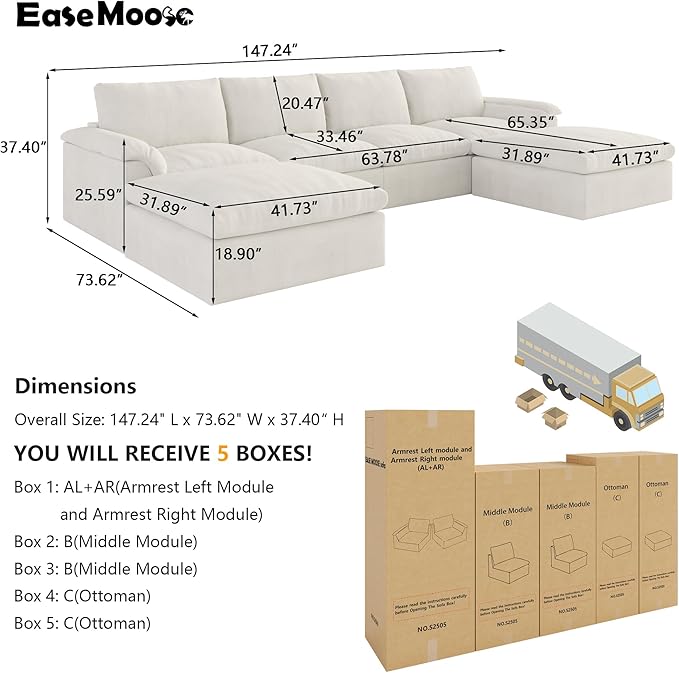 EASE MOOSE Boneless Modular Cloud Couch, U-Shaped Oversized Sectional Sofa for Living Room with Ottoman, Extra Large Movable Couches, 6-Deep-Seat Sofas for Bedroom Apartment, Chenille (White)