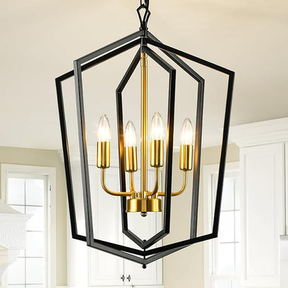 18.1" Chandeliers for Dining Room, 4-Light Farmhouse Foyer Lighting Fixtures, Modern Pendant Lights Kitchen Island, Black and Gold Lantern Pendant Light, for Bedroom, Entryway, Staircase