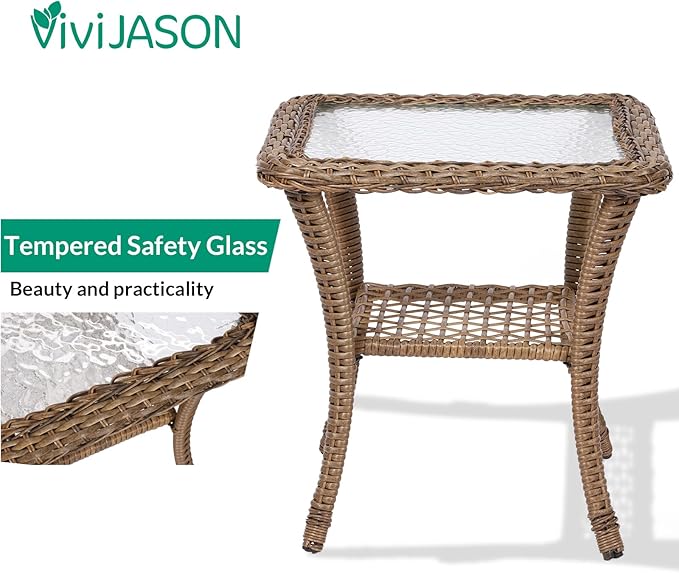 VIVIJASON 3-Piece Outdoor Patio Furniture Set, Outdoor Wicker Glider Rocking Chairs Rattan Conversation Bistro Sets w/ 2 Rattan Cushioned Chairs and Glass Top Side Table for Porch Backyard, Navy Blue