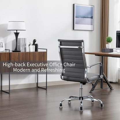 Office Desk Chair Leather, Conference Room Chairs with Wheels, Executive Modern High Back Ergonomic Swivel Rolling Ribbed Computer Chair