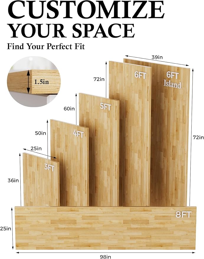 3FT Butcher Block Countertop Birch Solid Wood - 36" x 25" Table Top Butcher Block Cutting Board for Kitchen Island Living Dining Office Desk Workbench Washer Dryer Countertop Unfinished 1.5" Th