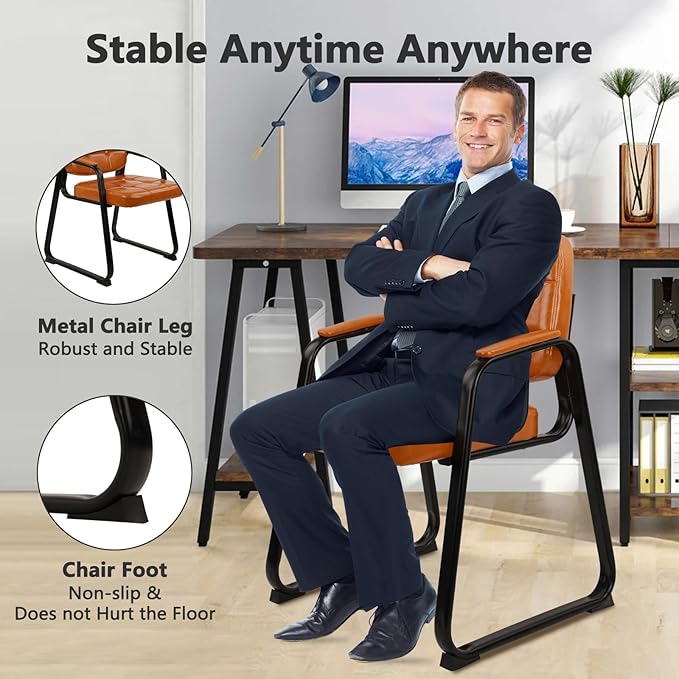 CLATINA Waiting Room Chairs with Padded Arms Leather Guest Chair no Wheels for Office Reception and Conference Desk with Sled Base Orange
