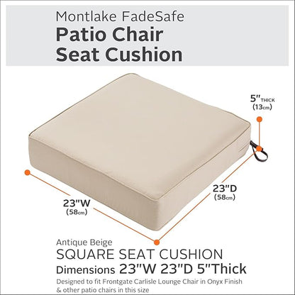 Classic Accessories Montlake FadeSafe Water-Resistant 23 x 23 x 5 Inch Outdoor Seat Cushion, Outdoor Chair Cushion, Antique Beige, Outdoor Chair Cushions, Patio Chair Cushions, Patio Cushions