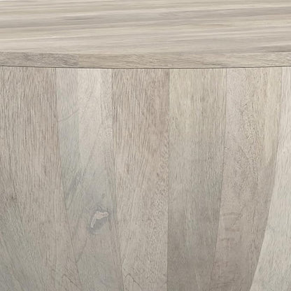 SIMPLIHOME Elmbrook Coffee Table - 34 inch Wide Solid Mango Wood Modern Industrial Round Drum Cocktail Table in White Wash, Sculptural Living Room Table with Low Profile Design, Assembled