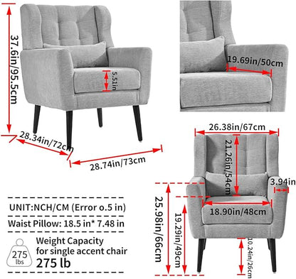 Accent Chair, Comfy Upholstered Living Room Chairs with High Tufted Backrest and Pillow, Wingback Reading Chair with Solid Wood Legs for Bedroom/Office, Chenille Fabric, Grey