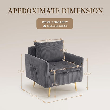 Furnimart Storage Accent Chair with Arm, Mid-Century Corduroy Sofa Chair with Removable Cushion, Reading Chair for Bedroom, Living Room, Apartment, Gray