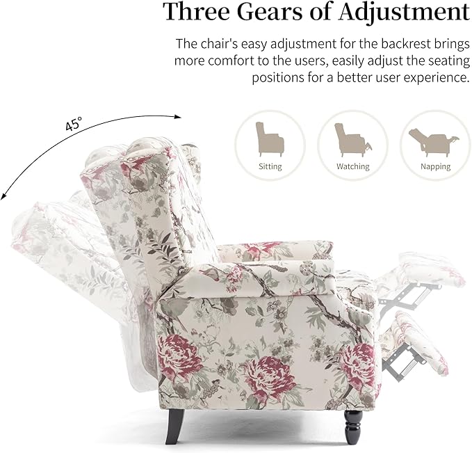 Pushback Recliner Chair, Floral Fabric Wingback Recliner Chair, Upholstered Armchair Push Back Recliner, Rivet Trim Single Sofa Accent Chair with Wood Legs for Living Room, Plants Floral