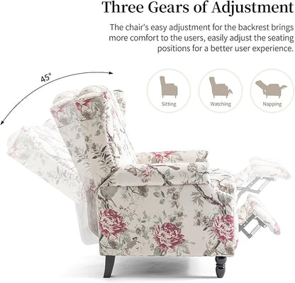Pushback Recliner Chair, Floral Fabric Wingback Recliner Chair, Upholstered Armchair Push Back Recliner, Rivet Trim Single Sofa Accent Chair with Wood Legs for Living Room, Plants Floral