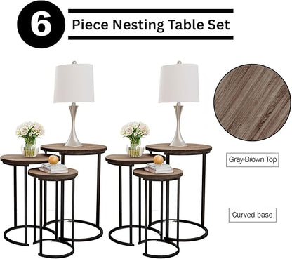 Lavish Home 6-Piece Nesting Tables – Set of 6 Round Side Tables with Woodgrain-Look Tops and Black Metal Frames – Modern Accent & End Table Set for Living Room, Bedroom, or Home Office (Gray/Brown)