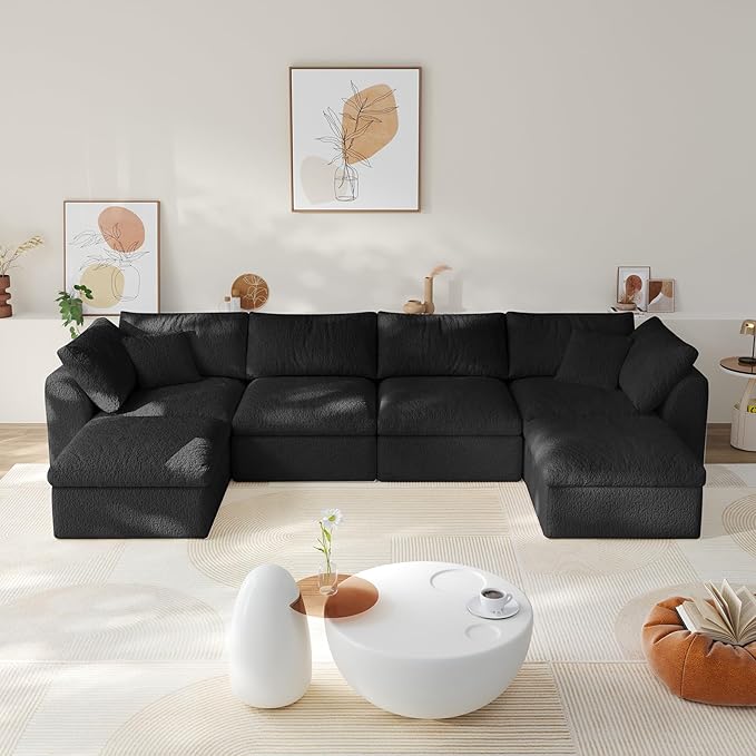 138" Boneless Cloud Couch Modular Sectional Sofa with Deep Seat for Living Room, L Shape Couch with Ottoman, Snowflake Cloth and 40D Memory Sponge，2 Throw Pillows (Black, 4 Seater+2 Ottoman)