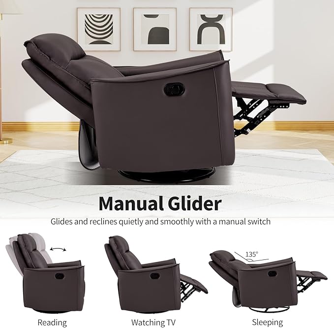 CANMOV Swivel Rocker Recliner Set of 2, Glider Rocking Chair, Nursing Chairs Swivel Glider Recliners with Soft Backrest, Leathaire Manual Reclining Sofa for Living Room Bedroom Apartment, Dark Brown