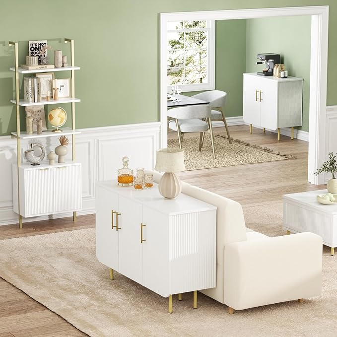 Modern Fluted White Storage Cabinet with 2 Doors, Adjustable Shelves, and Metal Legs, Accent Buffet Sideboard for Living Room, Dining Room, Entryway (White & Gold)